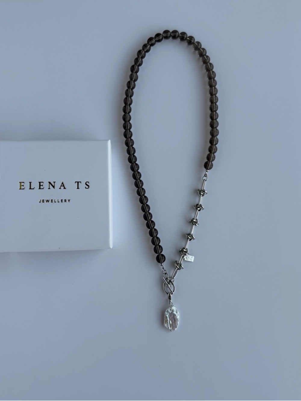 565 Smoky Quartz Bead Necklace with Pearl Pendant